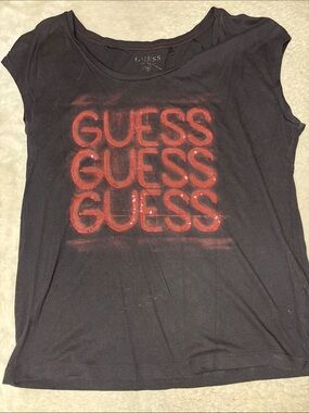 GUESS Black Short Sleeve Tee with Red Logo Stack
